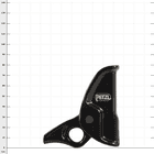 Micrograb von Petzl, schwarzes Klettergerät mit rundem Griff und Pfeil nach oben auf weißem Rasterhintergrund