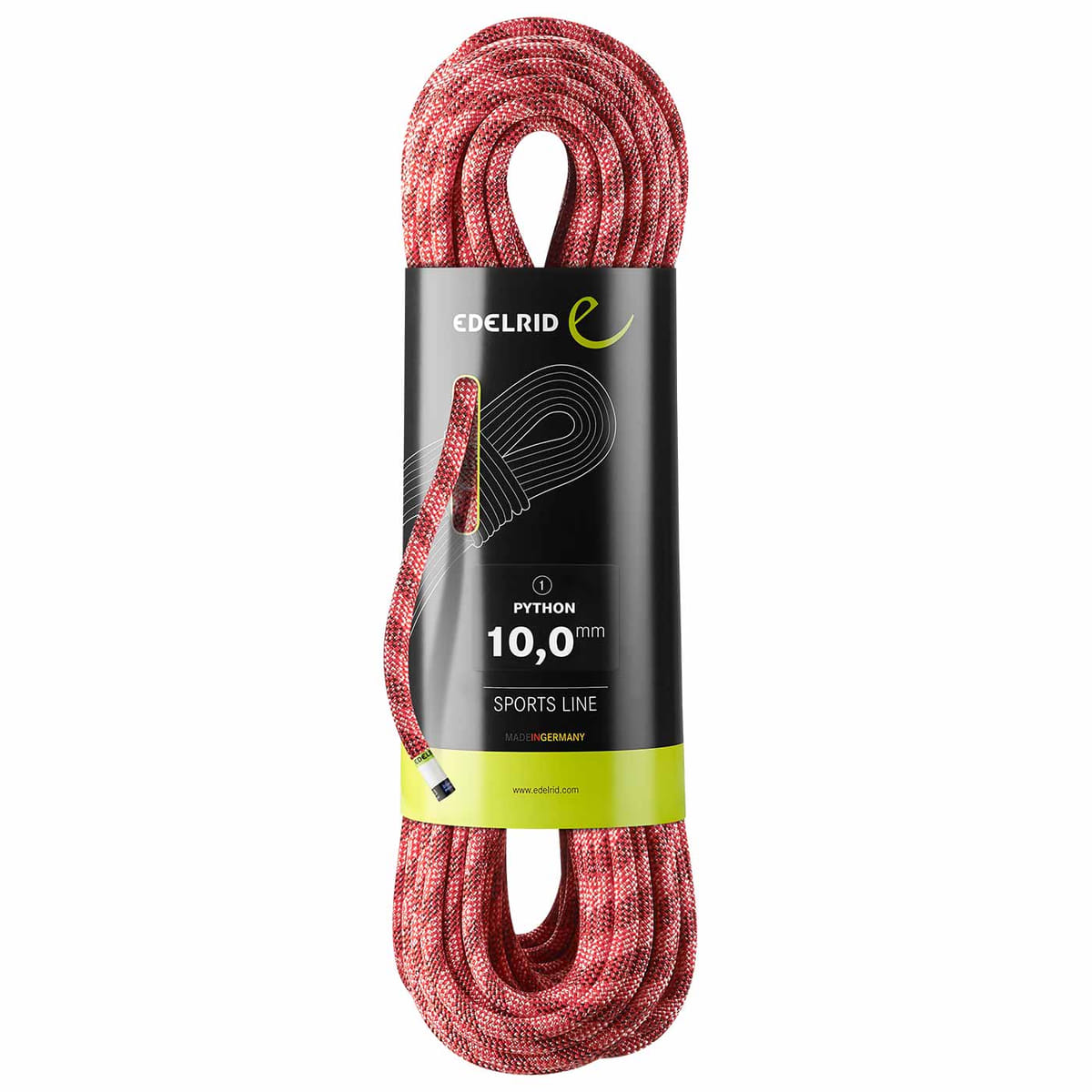 Edelrid Python Kletterseil in rot-weiß mit schwarzem Etikett und grüner Unterseite, verpackt, 10,0 mm Durchmesser, Sports Line, Made in Germany