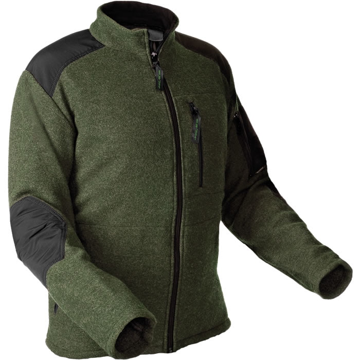 Wooltec Janker grüne Jacke mit schwarzem Schulter- und Ellenbogenbesatz und Reißverschluss