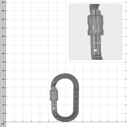 XSRE Lock, Hersteller nicht sichtbar, grauer Karabiner mit grauem Verschluss, Nahaufnahme des Verschlusses oben rechts