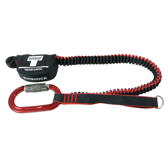 antiSHOCK Tool Lanyard Plus von Teufelberger, elastisches schwarzes und rotes Band mit Karabinerhaken und schwarzer Tasche mit Aufschrift Teufelberger und antiSHOCK