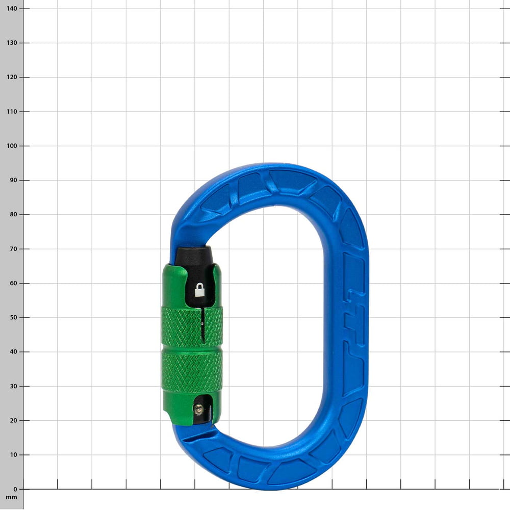 karaT Karabiner in Blau mit grünem Schraubverschluss, vor weißem Hintergrund mit Rastermaß