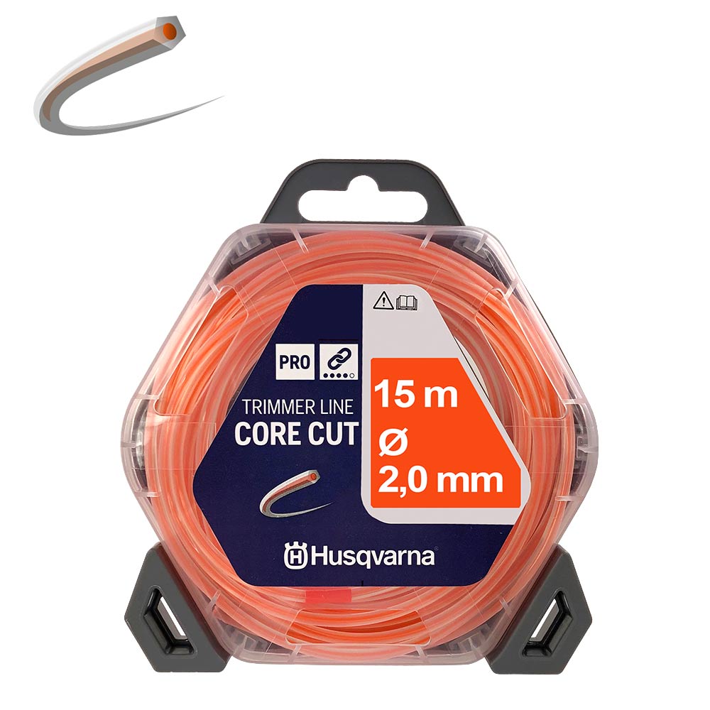 Core-Cut 2.0/15 Husqvarna Trimmerfaden in orange, 15 Meter lang, 2,0 mm Durchmesser, verpackt in einer transparenten Kunststoffbox mit schwarzem Aufhänger