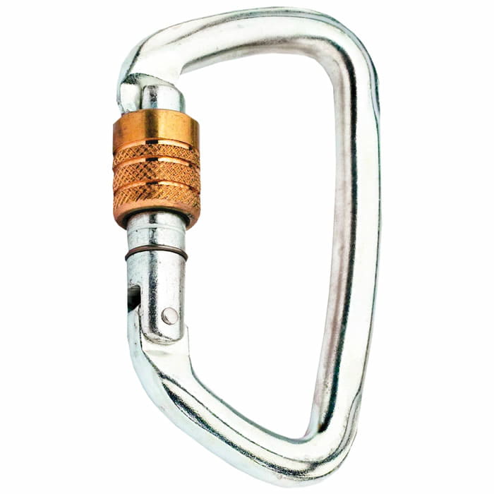 D-Steel 50 Screw Karabinerhaken aus Metall mit silberner Oberfläche und goldenem Schraubverschluss vor weißem Hintergrund