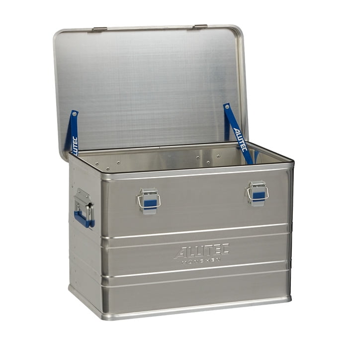 Alubox Comfort 73 von Alutec, geöffnete silberne Aluminiumbox mit blauen Halterungen und Griffen