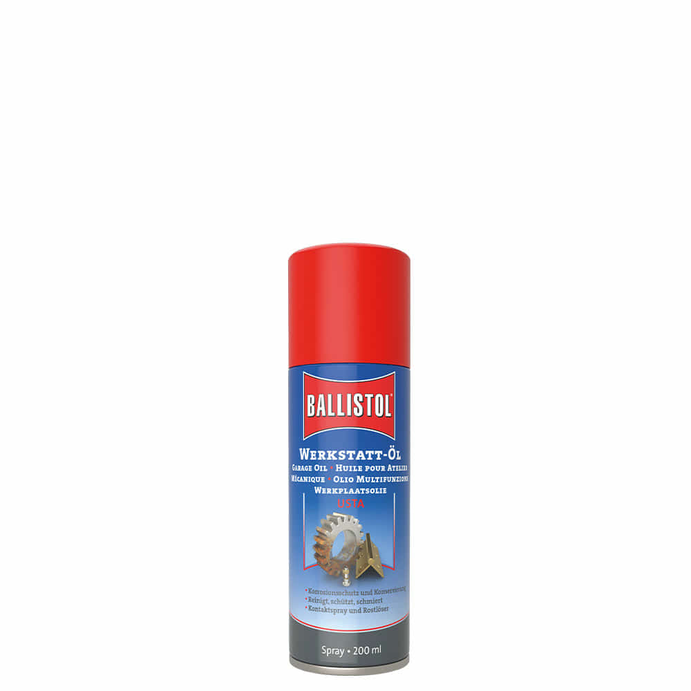 Ballistol Werkstattöl Spraydose mit rotem Deckel und blauem Etikett, 200 ml Inhalt, mit Zahnradsymbol auf dem Etikett