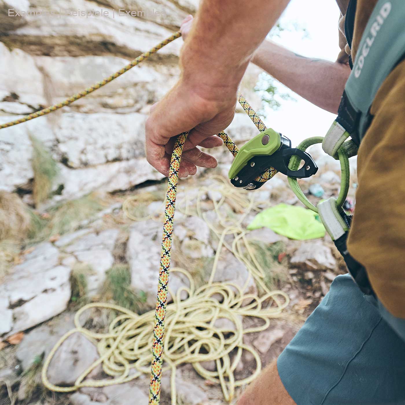 Person mit Klettergerät Pinch von Edelrid in Schwarz und Grün an Klettergurt, hält gelbes Seil in der Hand