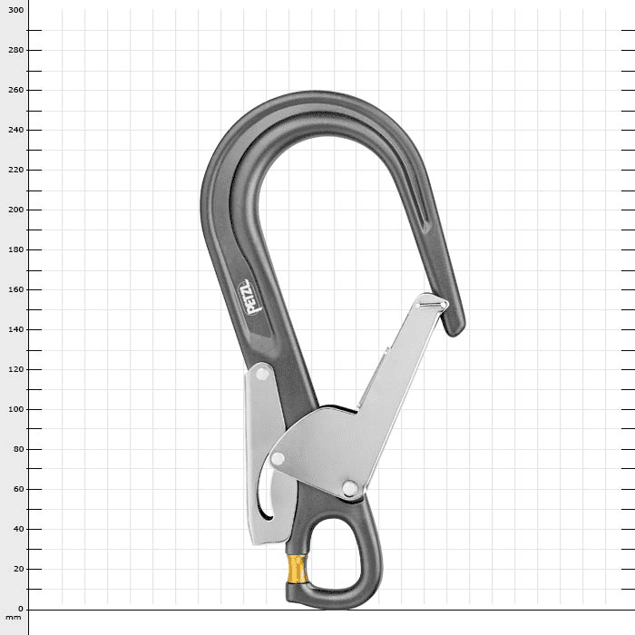 MGO Open 60 Karabinerhaken von Petzl in Schwarz mit silbernem Sicherheitsverschluss und gelbem Drehverschluss am unteren Ende, Rückseite sichtbar, vor weißem Hintergrund