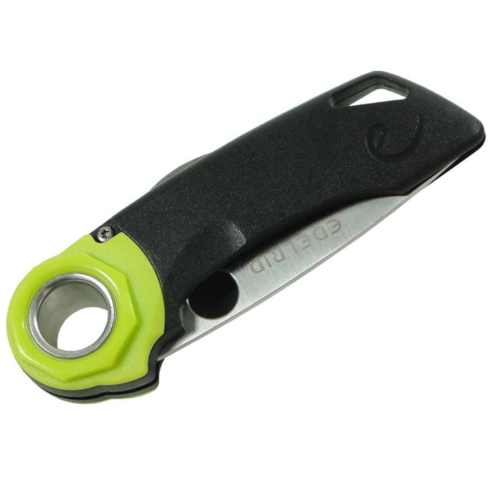 Ropetooth Klappmesser von Edelrid mit schwarzem Griff, grünem Akzent und teilweise eingeklapptem silbernen Klingenblatt, von oben fotografiert
