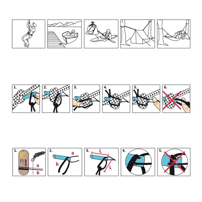 Schwarze und blaue erklärende Illustrationen zur Anwendung des Rope Pin 10 mit verschiedenen Knoten und Verwendungsbeispielen