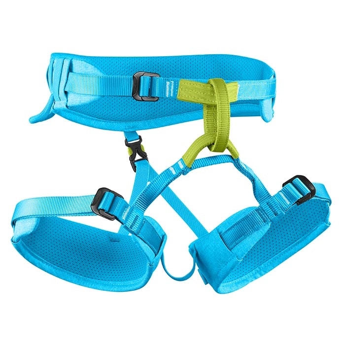 Klettergurt Finn III in Blau mit grüner Schlaufe und verstellbaren Gurten aus gepolstertem Material