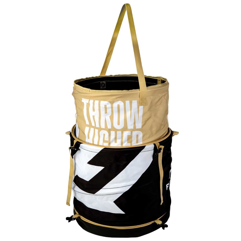 Matriosac 3 Tasche in Beige und Schwarz mit weißen Schriftzügen und zwei Tragegriffen oben