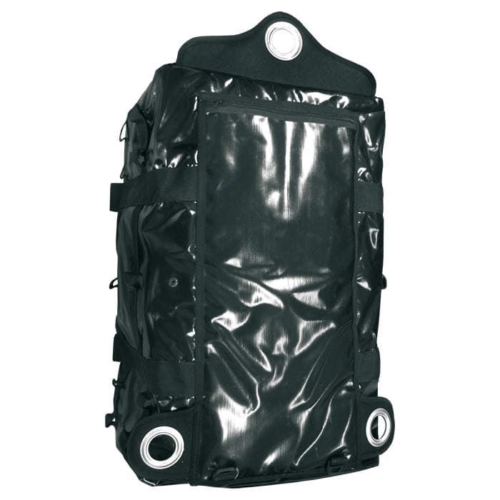 Multiuse Tasche in Schwarz mit drei großen Metallösen auf einer Seite