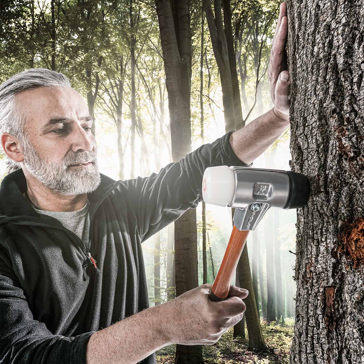 Mann mit grauem Bart und schwarzer Jacke hält den Simplex Schonhammer 370 an einen Baumstamm im Wald