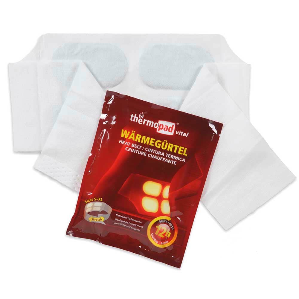 thermopad Wärmegürtel in weiß mit roter Verpackung, die Produktname und Eigenschaften zeigt