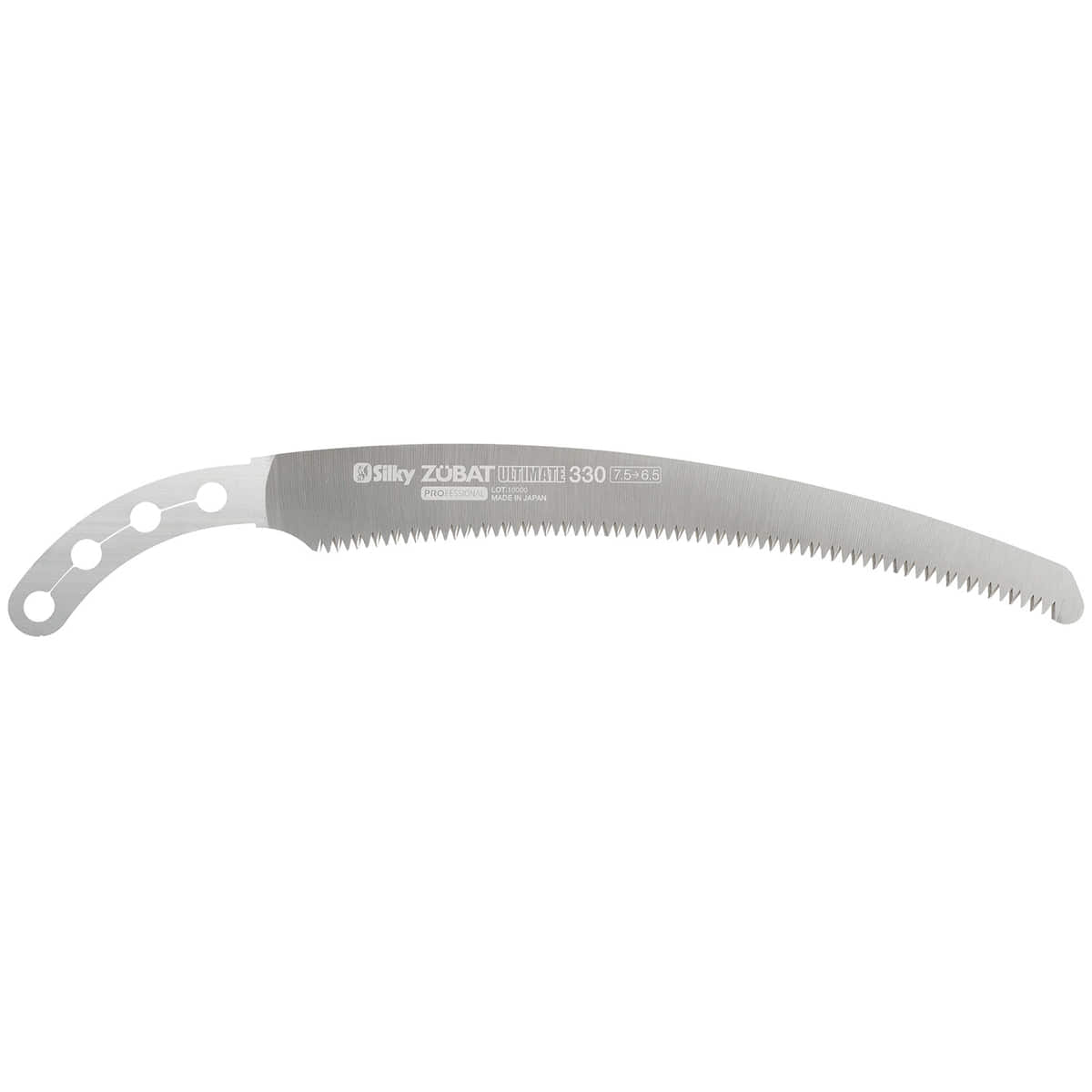 Zübat Ultimate 330-6.5-7.5 Sägeblatt von Silky, gebogenes Sägeblatt aus Metall mit Zähnen und mehreren runden Löchern am Griffende.