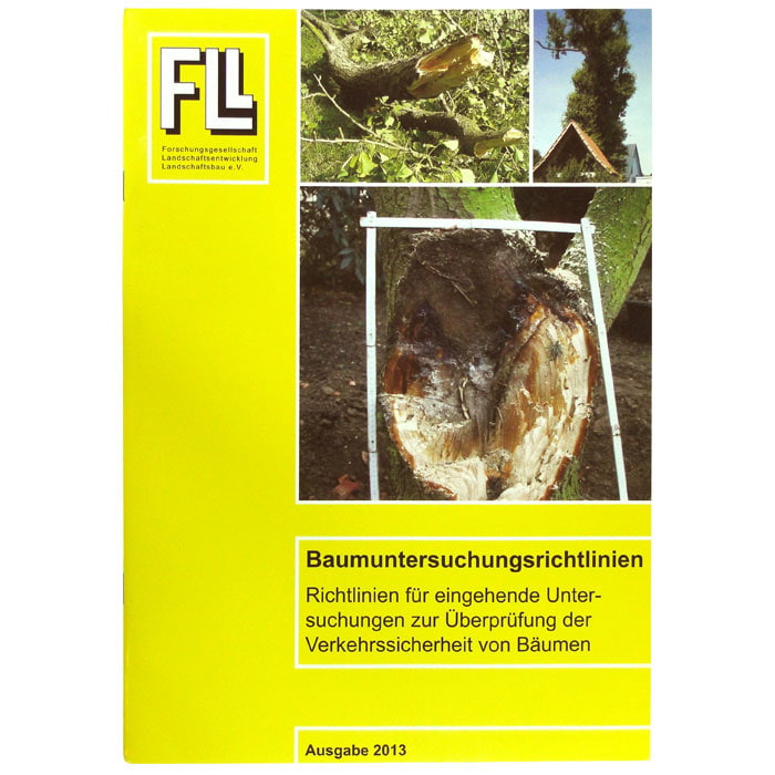 Baumuntersuchungsrichtlinien, gelbes Buch mit Fotos von Baumstämmen und Ästen auf dem Cover, Herausgeber Forschungs­gesellschaft Landschaftsentwicklung Landschaftsbau e.V., Ausgabe 2013