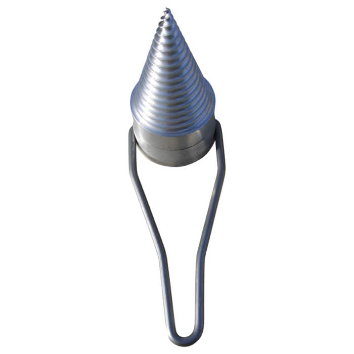 Ratschenkeil aus Metall mit spiralförmigem Kegel und integriertem Bügel von oben fotografiert auf weißem Hintergrund