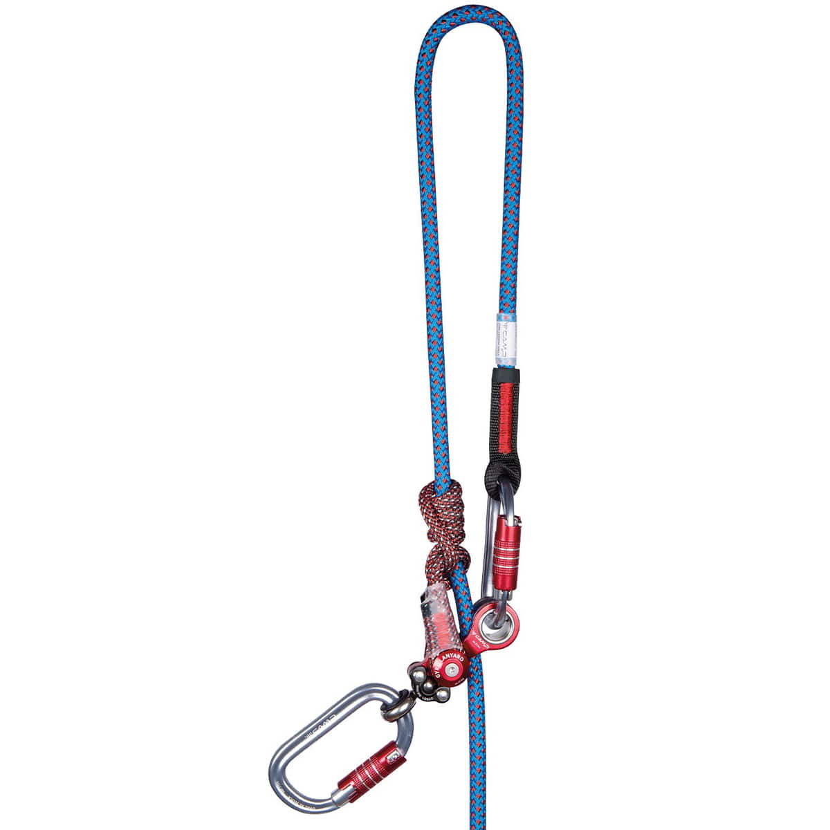Gyro Lanyard Single, Kletterseil mit zwei Karabinern, blau-rotes Seil, rot-silberne Metallteile, Nahaufnahme