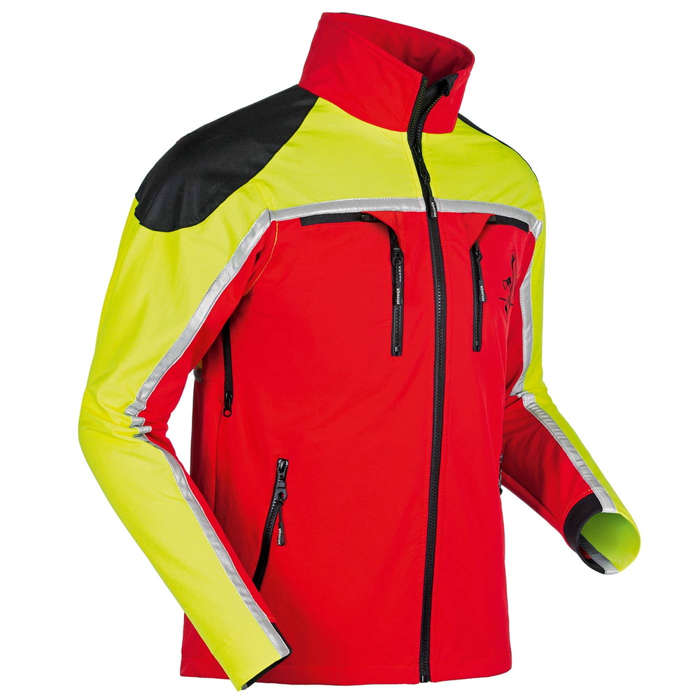 Forest Light Jacke in Rot, Gelb und Schwarz mit mehreren Reißverschlusstaschen und Stehkragen