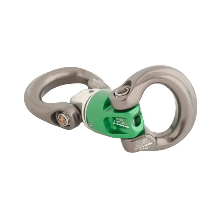 Mini-Swivel Nexus 3, grünes Metallteil mit zwei großen silbernen Metallösen, Produktname sichtbar