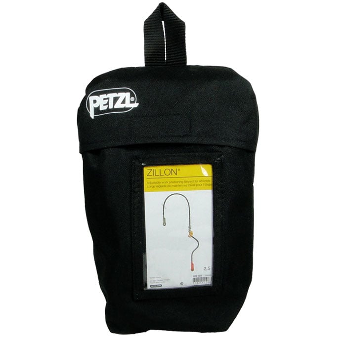 Schwarze Tragetasche mit PETZL Logo und einem Etikett mit Produktbild und dem Namen Zillon