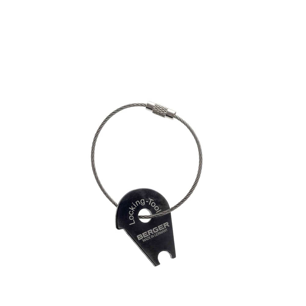 Justierschlüssel für GFK-Stangen von BERGER aus schwarzem Material mit Metallring und Aufschrift Locking-Tool BERGER Made in Germany