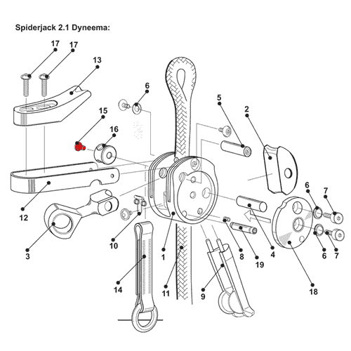 Technische Zeichnung des SpiderJack 2.1 Dyneema mit nummerierten Einzelteilen, darunter die rote Lagerungsschraube für Flansch an Position 15, dargestellt in einem Explosionsdiagramm