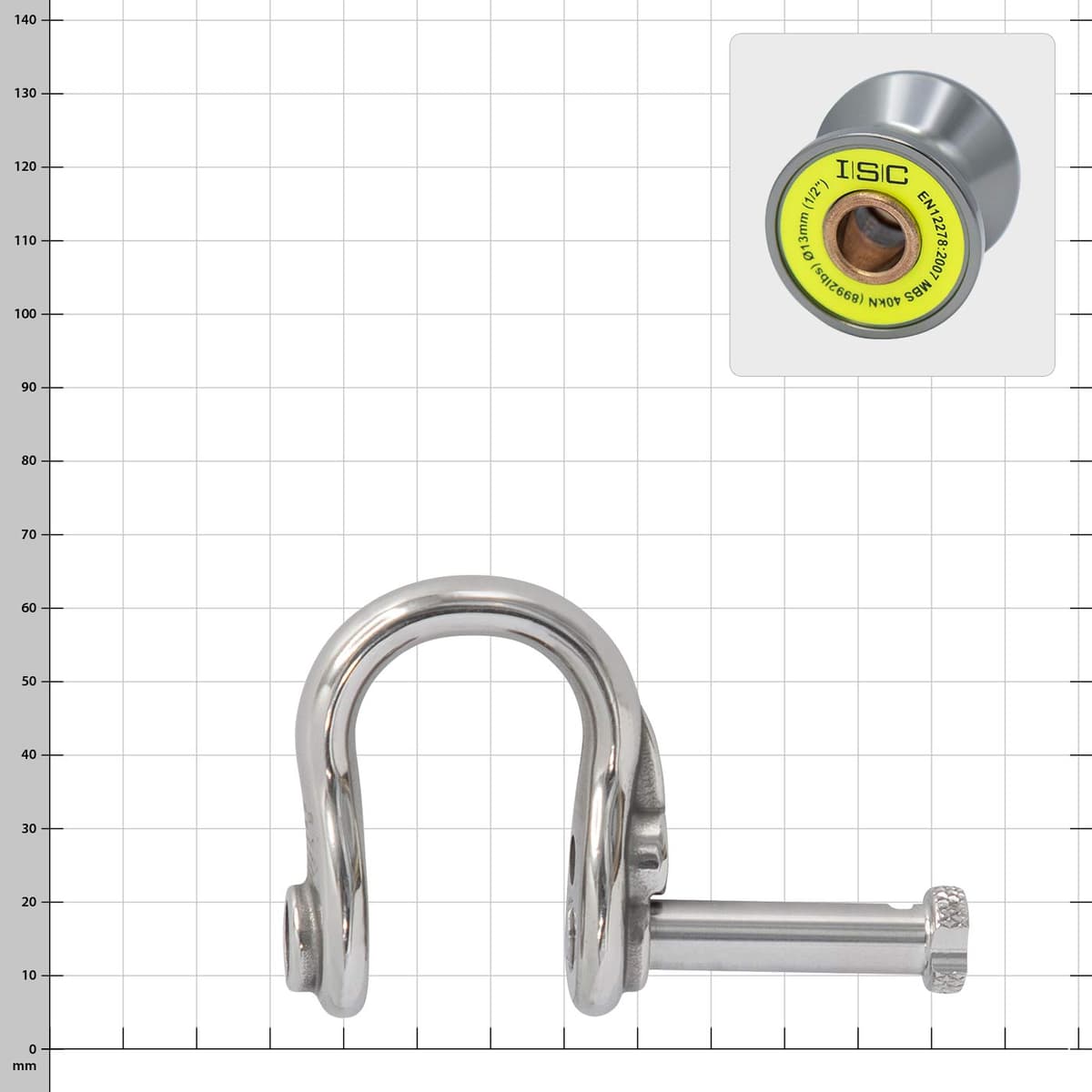 Ultra Link Small von ISC, ein silberner Schäkel mit herausgenommenem Bolzen, daneben eine Nahaufnahme der grauen, trommelförmigen Rolle mit gelbem Aufkleber