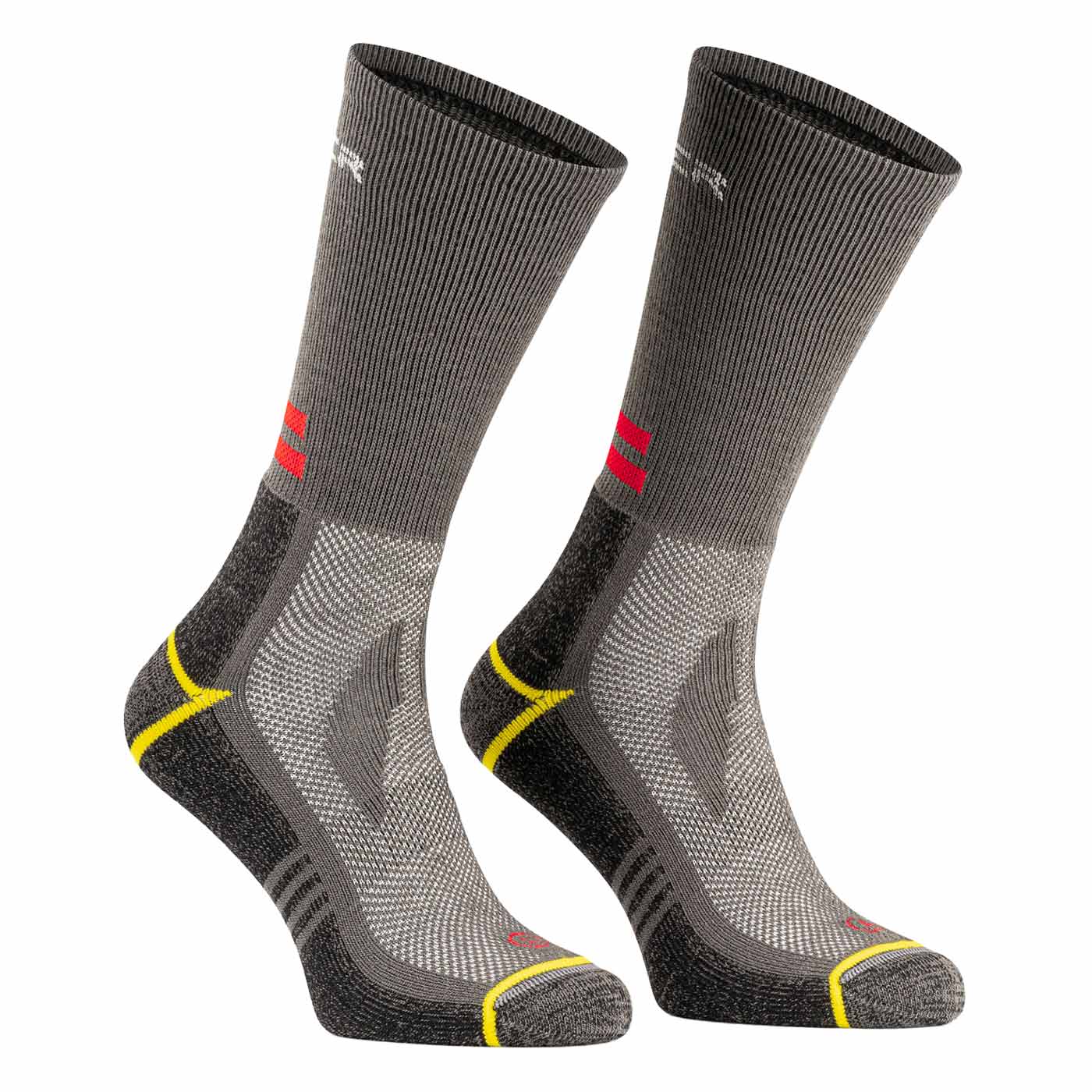 Outdoor EcoDry graue Sportsocken mit gelben und roten Akzenten, Paaransicht von der Seite.