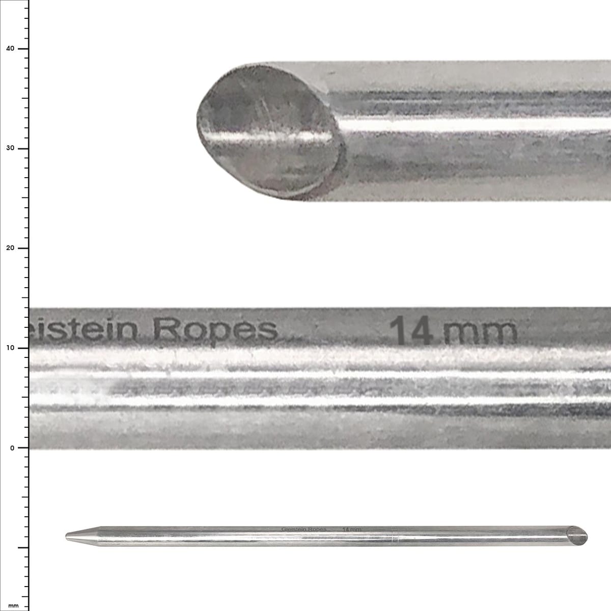 Fid 14 von Glinstein Ropes, ein silberner zylindrischer Metallstab mit spitzem Ende und Gravur "14 mm" auf der Seite