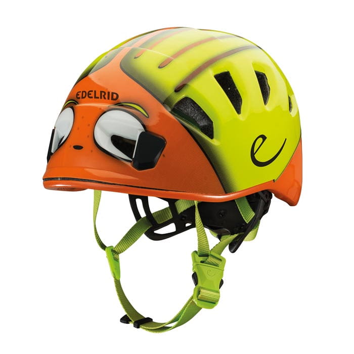 Kinderhelm Kids Shield II von Edelrid in Orange und Gelb mit großen weißen Augen vorne und grünem Kinnriemen