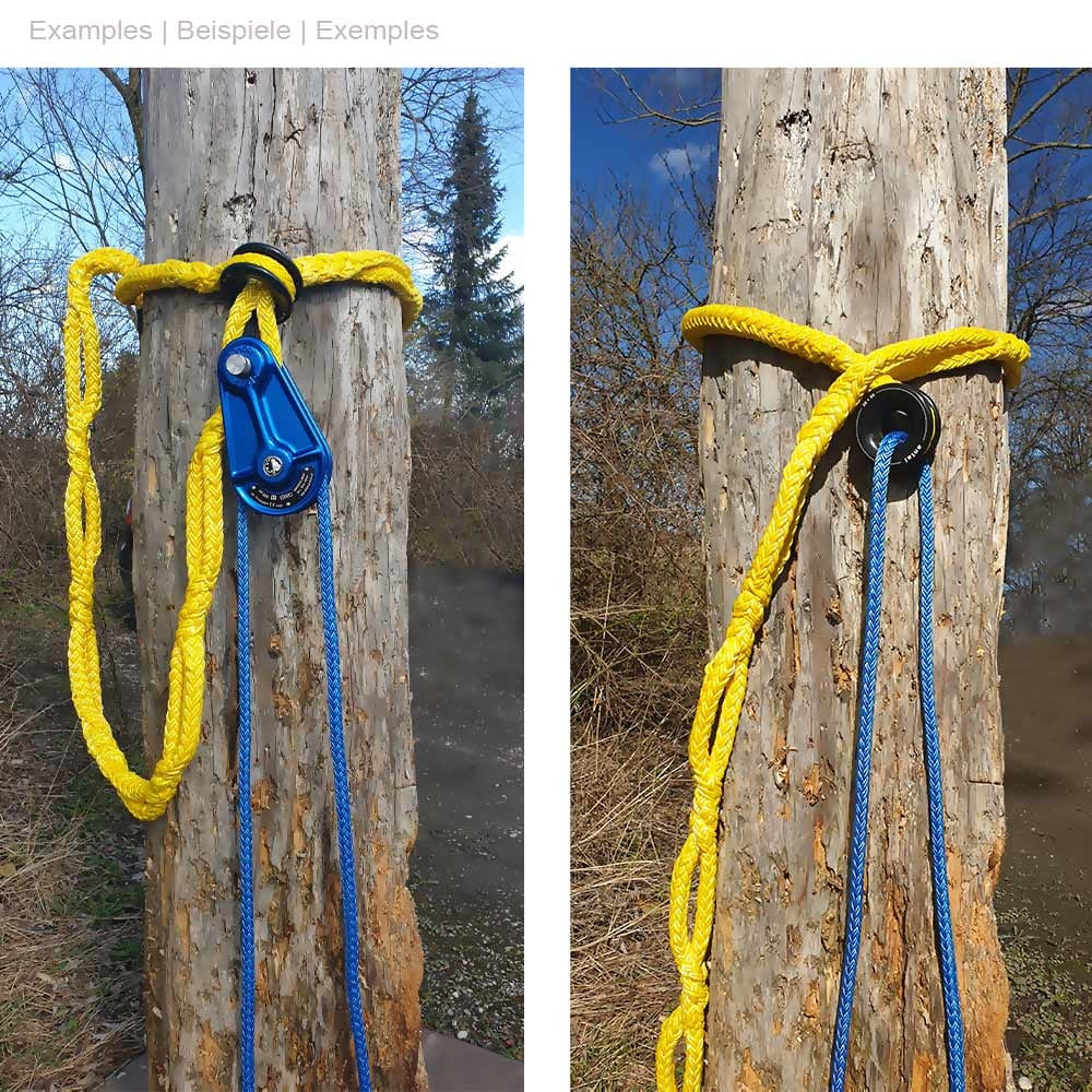 Kokoanknoten Schlinga 19 von Antal, gelbe Schlinge mit schwarzem Kunststoffring, an einem Baum befestigt, blaue Seile durch den Ring geführt