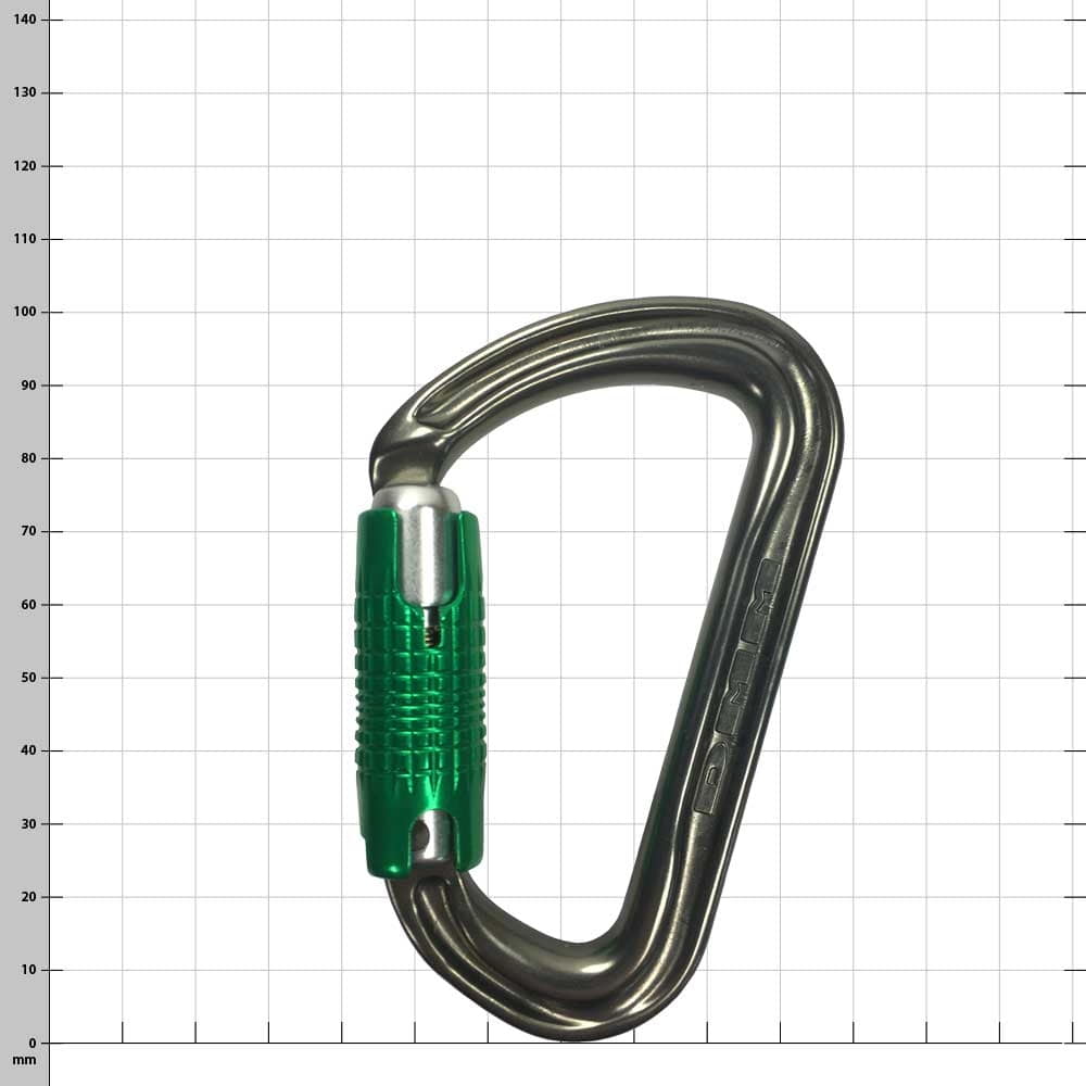 Shadow Karabiner mit grünem Schraubverschluss, Hersteller DMM, Typ nicht sichtbar vor weißem Hintergrund mit Raster