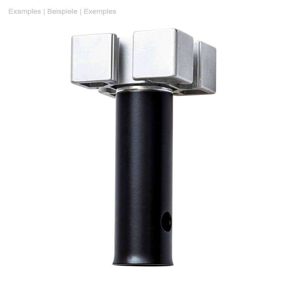ArboRapid MediaAdapter Platte, silberne quadratische Metallplatte auf einem schwarzen zylindrischen Stab