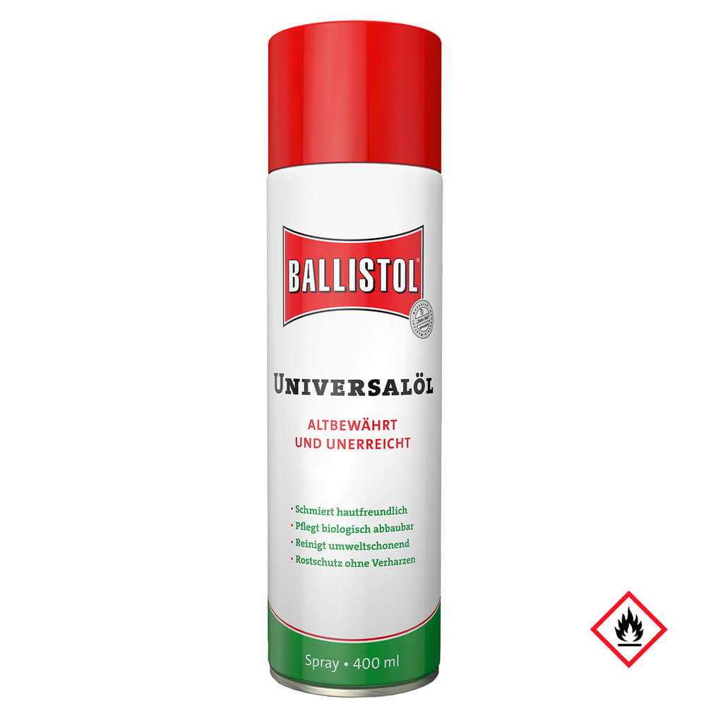 Ballistol Universalöl Spraydose mit rotem Deckel, weißem Körper und grünem unteren Bereich, auf der Vorderseite steht "Ballistol Universalöl", "Altbewährt und unerreicht", sowie weitere Eigenschaften in grünem und rotem Text, 400 ml Inhalt, Hersteller Bal