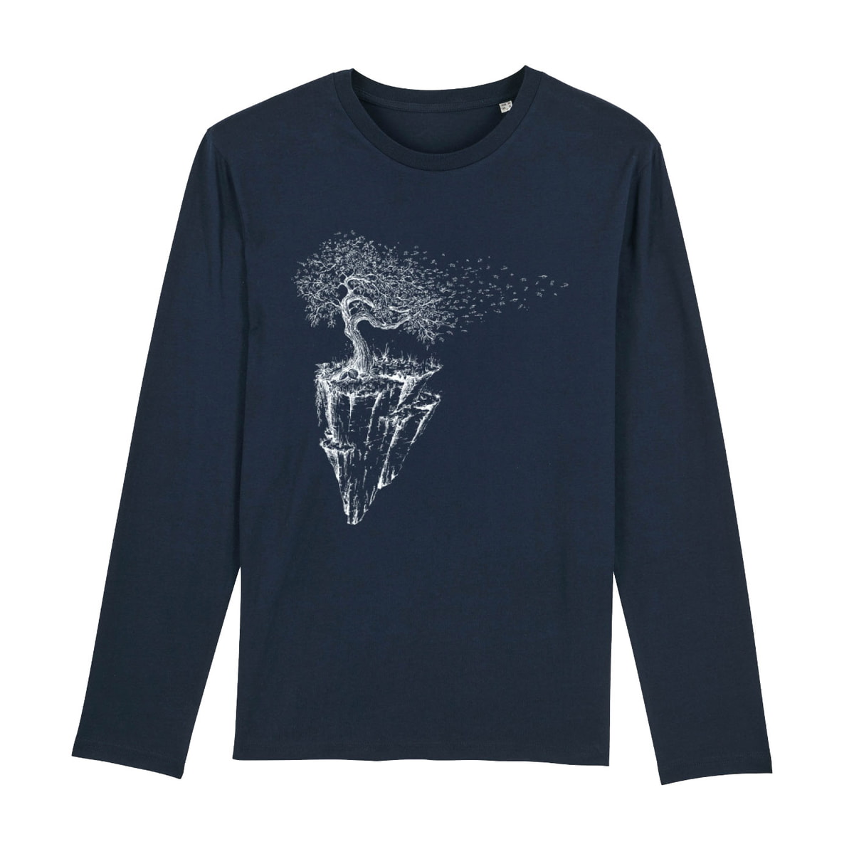Island Longsleeve, dunkelblaues Langarmshirt mit weißem Motiv eines Baums auf einer schwebenden Felseninsel