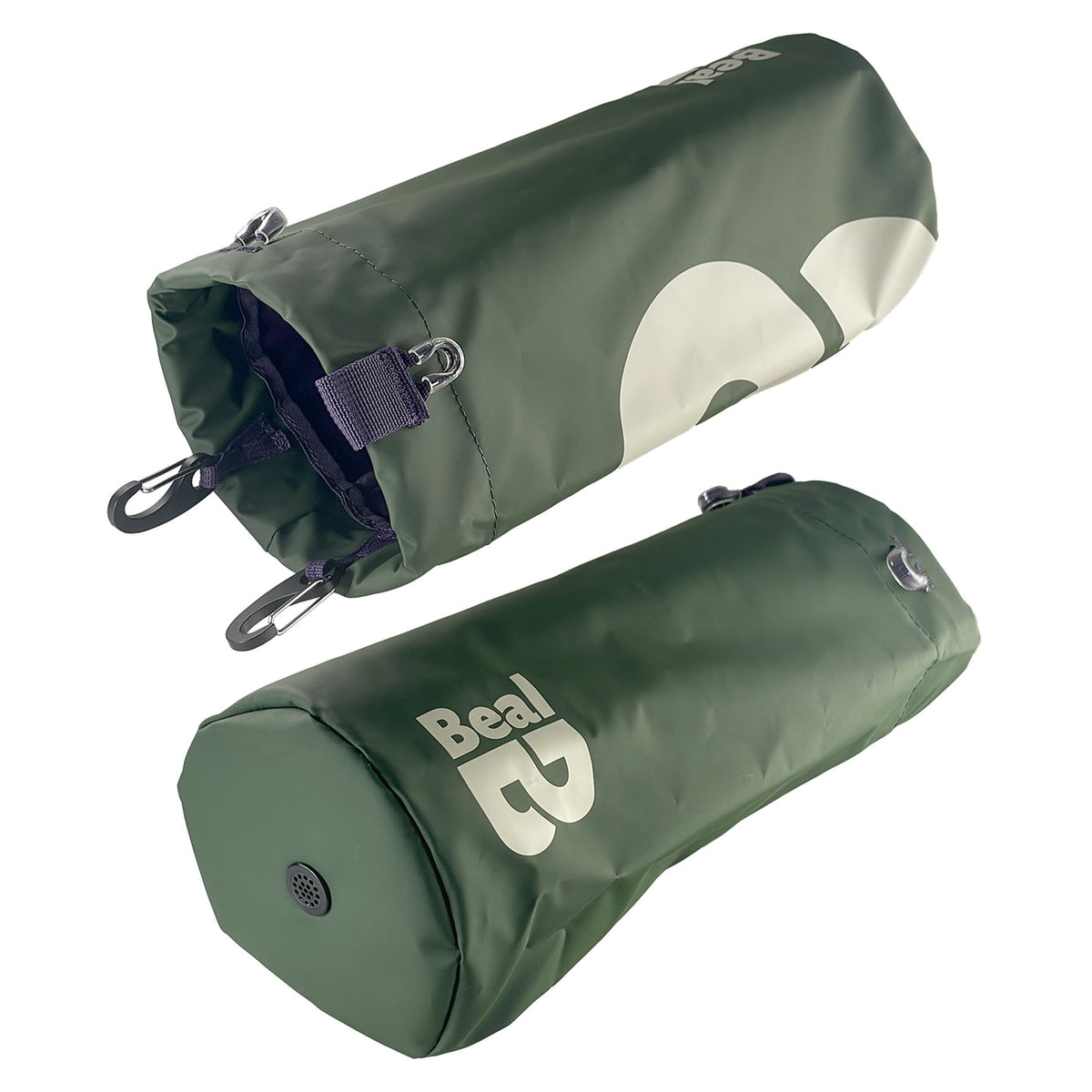 Tool Bucket L von Beal, grün mit weißem Beal-Logo, liegt seitlich, zeigt geöffnete Oberseite mit zwei schwarzen Karabinern und violetten Schlaufen, Boden mit Lüftungsgitter