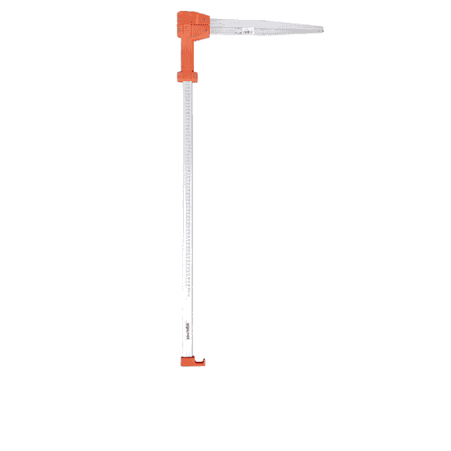 Signumat MK4, Messgerät mit langem, silberfarbenem Maßstab und oranger Kunststoffhalterung oben und unten, Herstellername Signumat auf dem Maßstab sichtbar, mit Barcodeaufkleber auf der oberen orangen Halterung