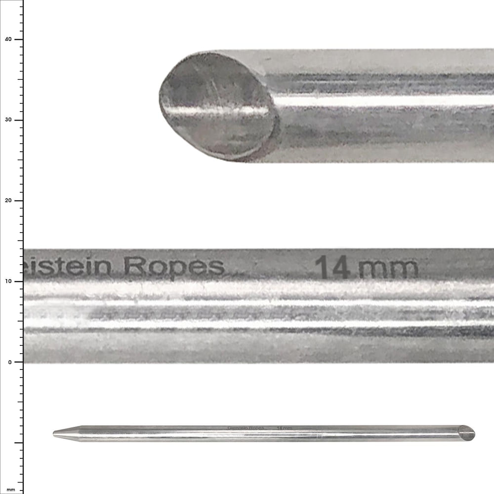 Fid 14 von Glinstein Ropes, ein silberner zylindrischer Metallstab mit spitzem Ende und Gravur "14 mm" auf der Seite