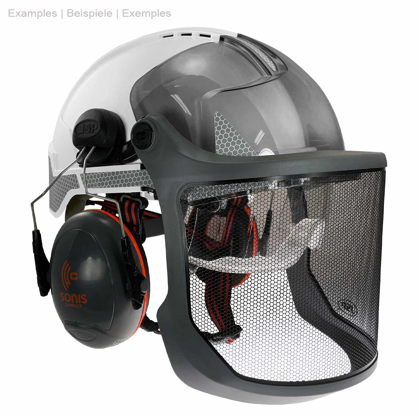 Evoguard M3 Forestry Visor mit grauem Rahmen und schwarzem Netzgewebe an einem weißen Helm mit Kopfhörern