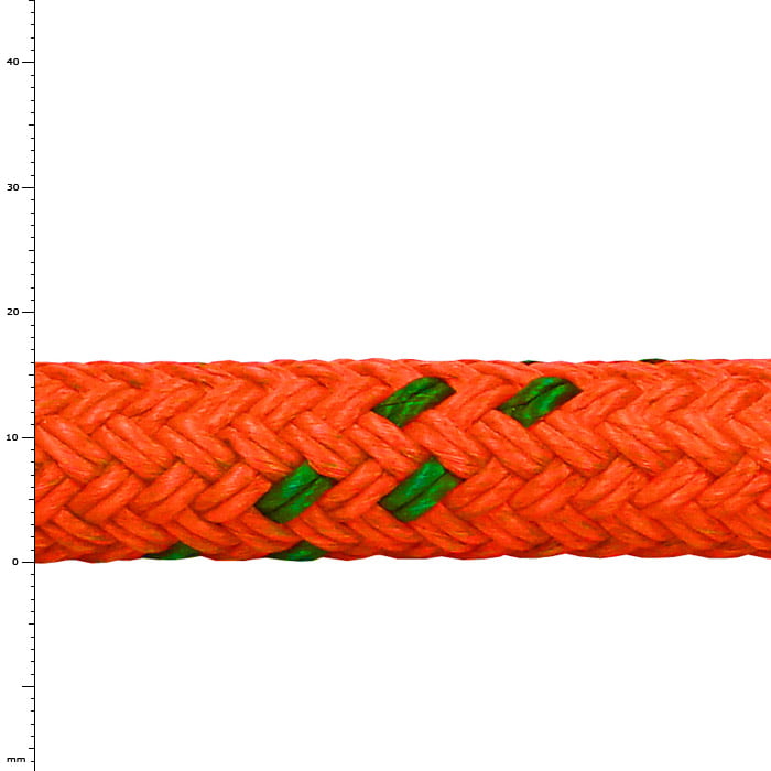 Polydyne 16, Nahaufnahme eines orangefarbenen geflochtenen Seils mit grünen Fäden, Produktname sichtbar