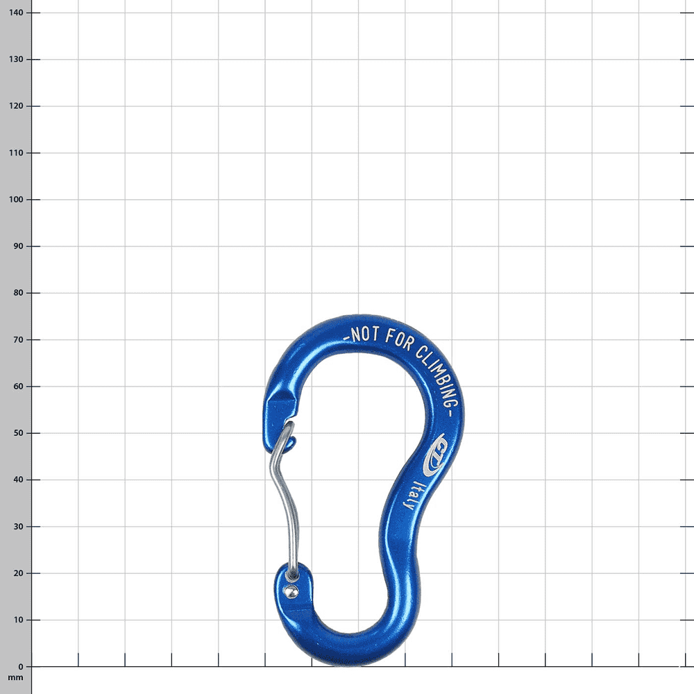 Key Wire blauer Karabinerhaken mit der Aufschrift "NOT FOR CLIMBING" und "Italy" auf einem weißen Rasterhintergrund