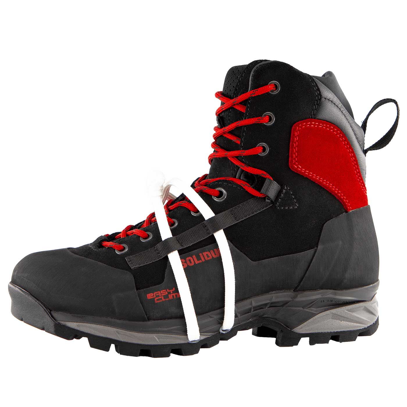 TreeClimb schwarzer Bergschuh mit roten Schnürsenkeln und rotem Fersenpolster, Seitenansicht mit schwarzer Sohle und grauer Zwischensohle