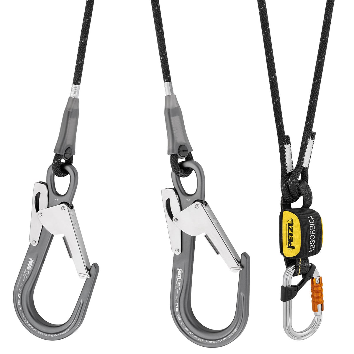 Nahaufnahme der zwei grauen Karabiner mit Hebel, schwarzem Seil und einem kleinen silbernen Karabiner mit oranger Verriegelung, Teil des Absorbica-Y MGO von Petzl