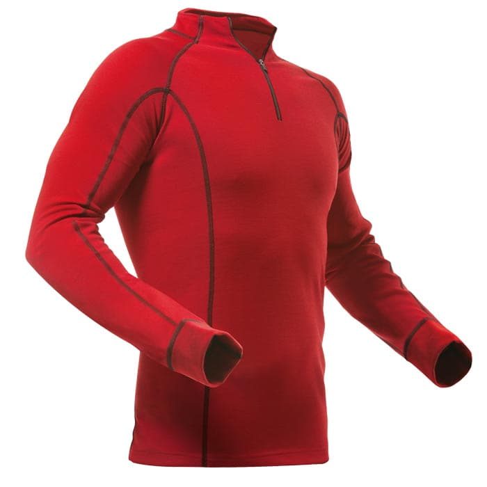 Merino-Modal Shirt langarm in Rot mit halbem Reißverschluss und dunklen Nähten