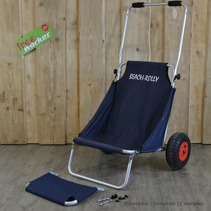 Beach Rolly Ladebügel mit dunkelblauem Stoff an einem Strandrolli, dazu ein abgetrennter Ladebügel mit Schrauben und schwarzen Kunststoffteilen auf dem Boden