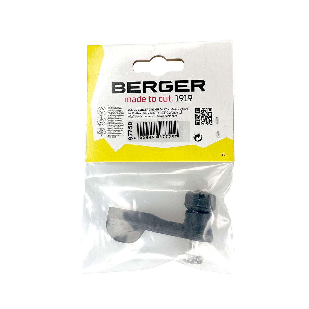 ArboRapid Light Verschlusshebel Set von Berger, verpackt in einer transparenten Kunststofftüte mit gelb-weißem Kartonkopf, auf dem der Markenname "BERGER" und weitere Produktinformationen gedruckt sind.