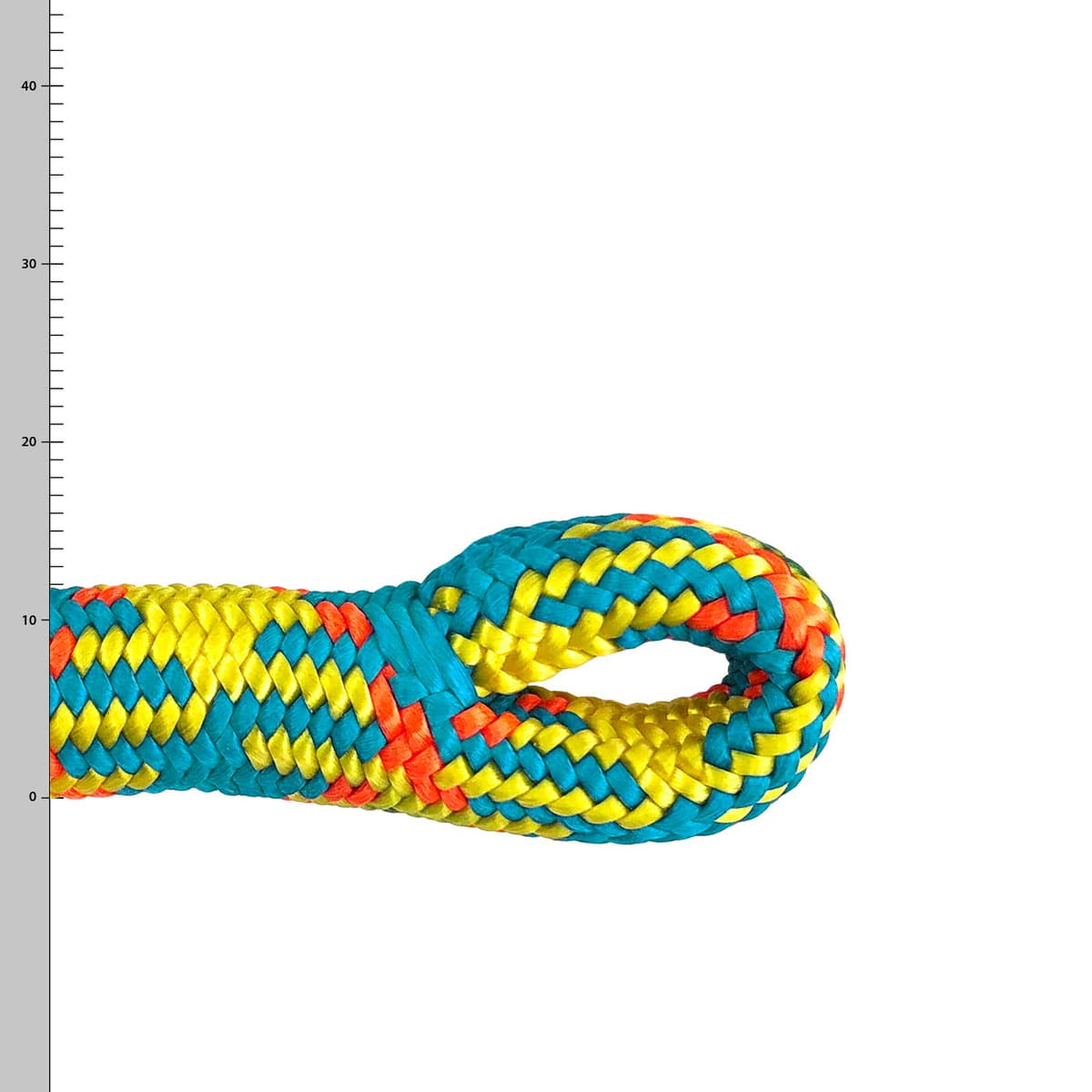 drenaLINE spLIFE, bunte Kletterseilschlaufe in Gelb, Blau und Orange mit gewebter Struktur und Maßstab im Hintergrund