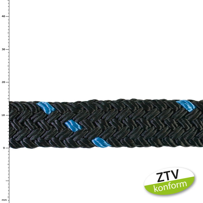 Schwarzes, geflochtenes Seil mit blauen Markierungen, Produktname tree save 2 t blau
